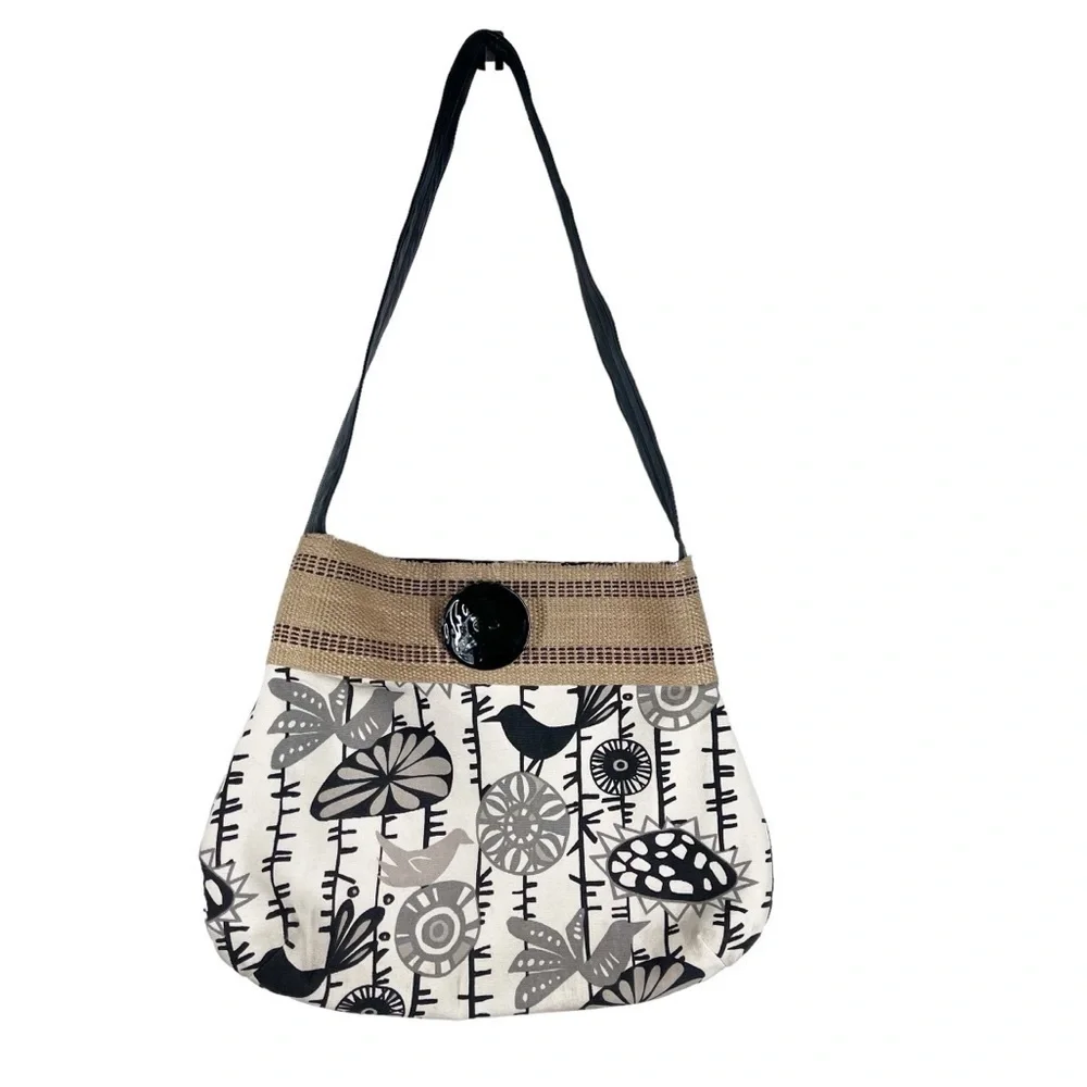 HARVESTSEWN Fabric Bag | Leather Strap | Black Bird Novelty Print